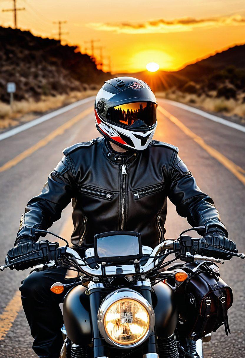 A collage of essential motorcycle accessories including a stylish helmet, a customized leather jacket, sturdy gloves, a compact tool kit, and a sleek GPS system, all arranged on a scenic open road background. The image should evoke adventure and freedom with a sunset illuminating the horizon. Capture the thrill of biking with vibrant colors and dynamic angles. super-realistic. vibrant colors. scenic background.