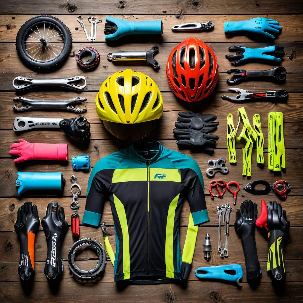 A vibrant collage of essential biking gear laid out on a wooden background, including a high-tech cycling helmet, a sleek road bike, multifunctional bike tools, colorful biking gloves, and a stylish cycling jersey. Add a sunny outdoor environment to evoke adventure and freedom. Super-realistic. Vibrant colors. Natural lighting.