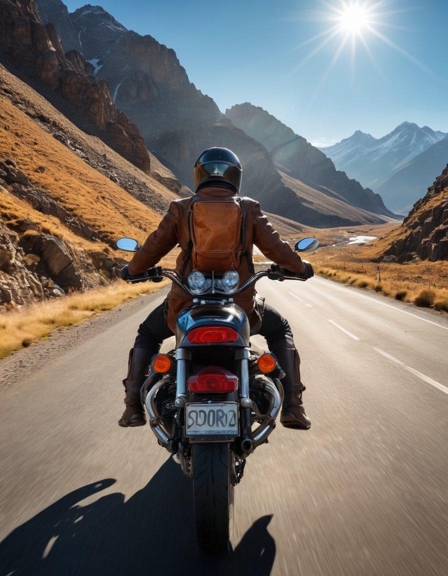 A captivating scene of an adventurous motorcyclist on a rugged mountain road, with essential accessories like a sleek helmet, stylish gloves, and a durable backpack prominently displayed. The rider pauses to admire the breathtaking landscape of valleys and peaks under a clear blue sky, embodying the spirit of freedom and exploration. Soft sunlight casts dramatic shadows, enhancing the textures of the motorcycle and accessories. super-realistic. vibrant colors. dynamic composition.